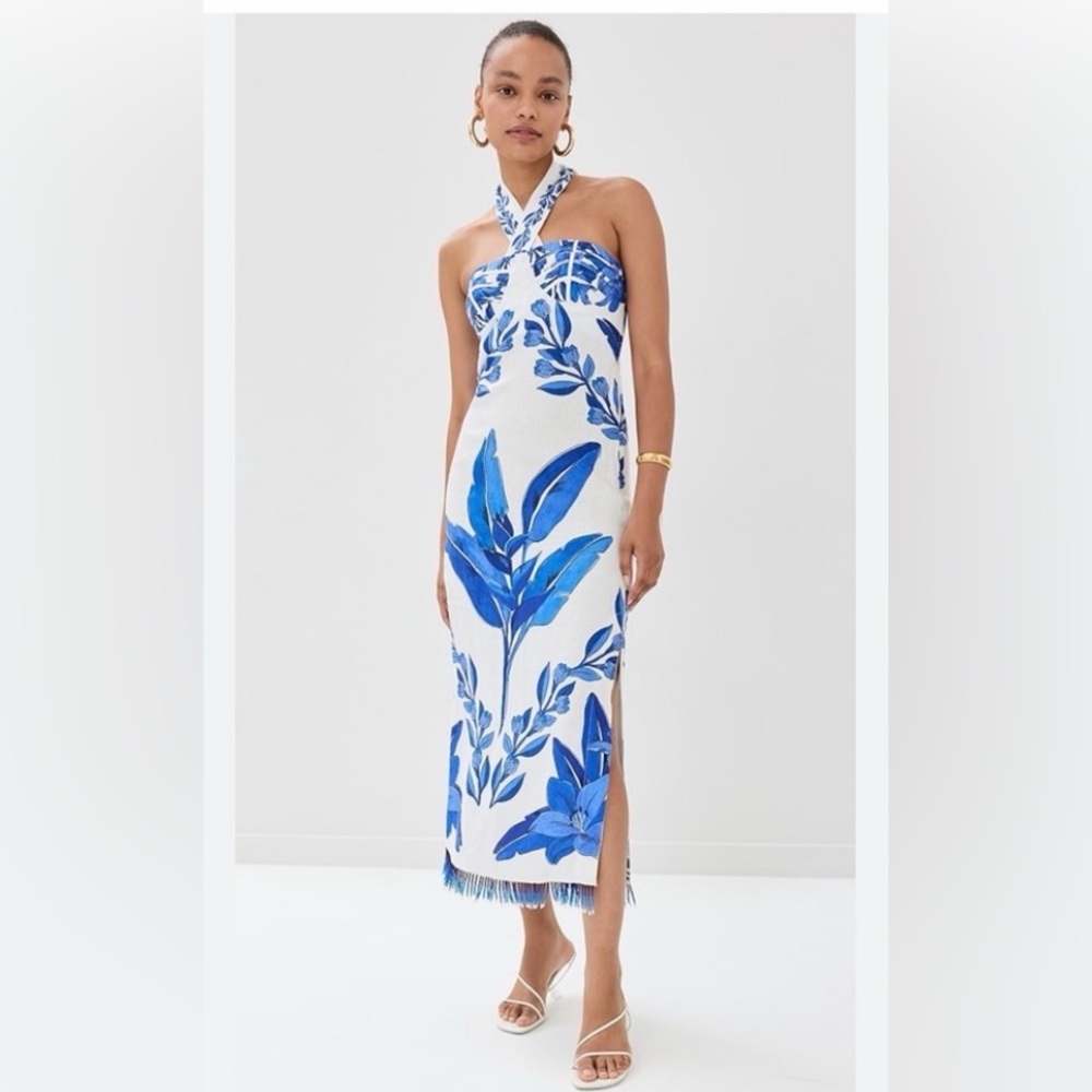NWT FARM Rio beaded White and Blue Floral Maxi Dress